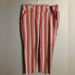 Cato pants with red, white, grey, and black stripes